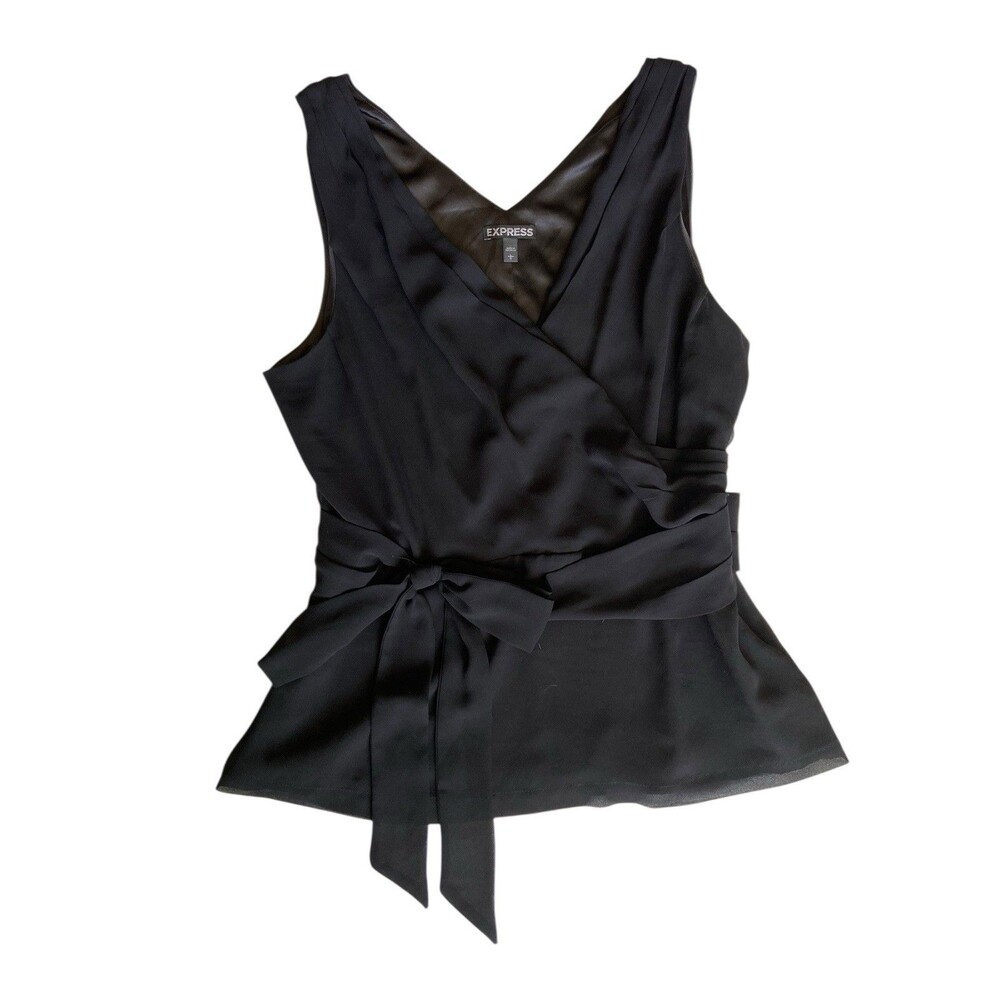 Express‎ Womens Faux Wrap Top Size L Black Lined Fitted Tie Editorial Office - Picture 6 of 13